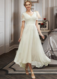 Evelin A-Line V-neck Asymmetrical Wedding Dress With Lace STIP0013712