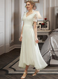 Evelin A-Line V-neck Asymmetrical Wedding Dress With Lace STIP0013712