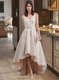 Rayne A-Line V-neck Asymmetrical Tulle Lace Wedding Dress With Bow(s) STIP0013717