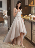 Rayne A-Line V-neck Asymmetrical Tulle Lace Wedding Dress With Bow(s) STIP0013717