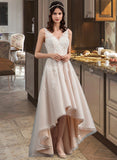 Rayne A-Line V-neck Asymmetrical Tulle Lace Wedding Dress With Bow(s) STIP0013717