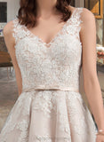 Rayne A-Line V-neck Asymmetrical Tulle Lace Wedding Dress With Bow(s) STIP0013717