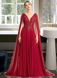 Daniela A-Line V-neck Floor-Length Chiffon Wedding Dress With Sequins STIP0013718