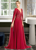 Daniela A-Line V-neck Floor-Length Chiffon Wedding Dress With Sequins STIP0013718