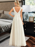 Kenya A-Line V-neck Floor-Length Chiffon Lace Wedding Dress STIP0013722