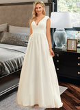 Kenya A-Line V-neck Floor-Length Chiffon Lace Wedding Dress STIP0013722