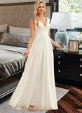 Kenya A-Line V-neck Floor-Length Chiffon Lace Wedding Dress STIP0013722