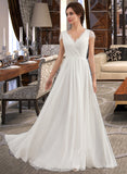 Zaniyah A-Line V-neck Floor-Length Chiffon Lace Wedding Dress With Ruffle STIP0013729