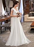 Zaniyah A-Line V-neck Floor-Length Chiffon Lace Wedding Dress With Ruffle STIP0013729