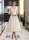 Morgan Ball-Gown/Princess V-neck Tea-Length Tulle Wedding Dress STIP0013731