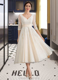 Morgan Ball-Gown/Princess V-neck Tea-Length Tulle Wedding Dress STIP0013731