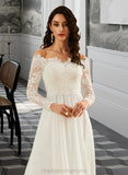 Kiara A-Line Off-the-Shoulder Sweep Train Wedding Dress With Lace STIP0013734