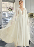 Miley A-Line V-neck Floor-Length Chiffon Lace Wedding Dress With Sequins STIP0013736