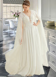 Miley A-Line V-neck Floor-Length Chiffon Lace Wedding Dress With Sequins STIP0013736