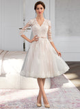 Keyla A-Line V-neck Knee-Length Tulle Wedding Dress With Bow(s) STIP0013737