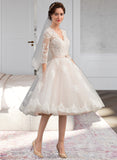 Keyla A-Line V-neck Knee-Length Tulle Wedding Dress With Bow(s) STIP0013737