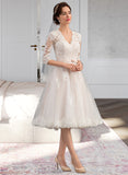 Keyla A-Line V-neck Knee-Length Tulle Wedding Dress With Bow(s) STIP0013737