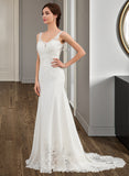 Nicola Trumpet/Mermaid V-neck Court Train Lace Stretch Crepe Wedding Dress With Sequins STIP0013738