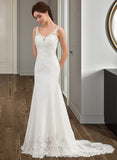 Nicola Trumpet/Mermaid V-neck Court Train Lace Stretch Crepe Wedding Dress With Sequins STIP0013738