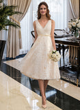 Dania A-Line V-neck Knee-Length Lace Wedding Dress With Bow(s) STIP0013739