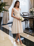 Dania A-Line V-neck Knee-Length Lace Wedding Dress With Bow(s) STIP0013739