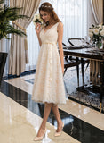 Dania A-Line V-neck Knee-Length Lace Wedding Dress With Bow(s) STIP0013739