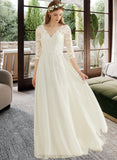 Bria A-Line V-neck Floor-Length Chiffon Lace Wedding Dress STIP0013745