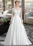 Patricia Ball-Gown/Princess V-neck Court Train Satin Wedding Dress With Bow(s) STIP0013746