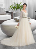 Cameron Ball-Gown/Princess V-neck Court Train Tulle Lace Wedding Dress STIP0013756