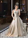 Giselle Ball-Gown/Princess Sweetheart Court Train Satin Wedding Dress With Ruffle Beading Appliques Lace Cascading Ruffles STIP0013757