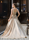 Giselle Ball-Gown/Princess Sweetheart Court Train Satin Wedding Dress With Ruffle Beading Appliques Lace Cascading Ruffles STIP0013757