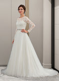 Winnie Ball-Gown/Princess Scoop Neck Sweep Train Tulle Wedding Dress STIP0013759