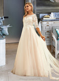 Everleigh Ball-Gown/Princess Scoop Neck Sweep Train Tulle Lace Wedding Dress STIP0013760