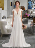 Briley A-Line V-neck Sweep Train Chiffon Wedding Dress With Ruffle STIP0013761