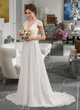 Briley A-Line V-neck Sweep Train Chiffon Wedding Dress With Ruffle STIP0013761