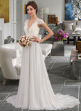 Briley A-Line V-neck Sweep Train Chiffon Wedding Dress With Ruffle STIP0013761