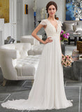 Briley A-Line V-neck Sweep Train Chiffon Wedding Dress With Ruffle STIP0013761