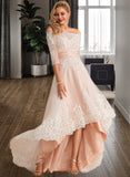 Evangeline A-Line Asymmetrical Satin Tulle Lace Wedding Dress With Sequins STIP0013769