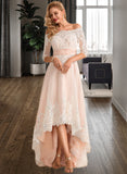 Evangeline A-Line Asymmetrical Satin Tulle Lace Wedding Dress With Sequins STIP0013769