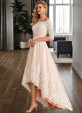 Evangeline A-Line Asymmetrical Satin Tulle Lace Wedding Dress With Sequins STIP0013769