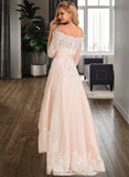 Evangeline A-Line Asymmetrical Satin Tulle Lace Wedding Dress With Sequins STIP0013769