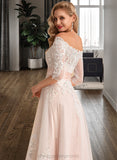 Evangeline A-Line Asymmetrical Satin Tulle Lace Wedding Dress With Sequins STIP0013769