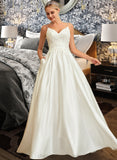 Roselyn Ball-Gown/Princess V-neck Sweep Train Satin Lace Wedding Dress With Lace Beading Sequins Pockets STIP0013771