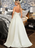 Roselyn Ball-Gown/Princess V-neck Sweep Train Satin Lace Wedding Dress With Lace Beading Sequins Pockets STIP0013771