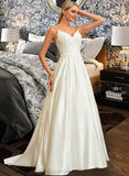 Roselyn Ball-Gown/Princess V-neck Sweep Train Satin Lace Wedding Dress With Lace Beading Sequins Pockets STIP0013771