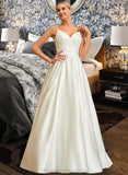 Roselyn Ball-Gown/Princess V-neck Sweep Train Satin Lace Wedding Dress With Lace Beading Sequins Pockets STIP0013771