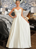 Roselyn Ball-Gown/Princess V-neck Sweep Train Satin Lace Wedding Dress With Lace Beading Sequins Pockets STIP0013771