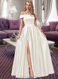 Saniyah Ball-Gown/Princess Off-the-Shoulder Floor-Length Satin Wedding Dress With Split Front Pockets STIP0013774