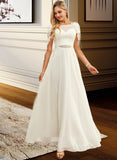 Eden A-Line Scoop Neck Floor-Length Chiffon Lace Wedding Dress With Sequins STIP0013775