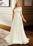 Eden A-Line Scoop Neck Floor-Length Chiffon Lace Wedding Dress With Sequins STIP0013775